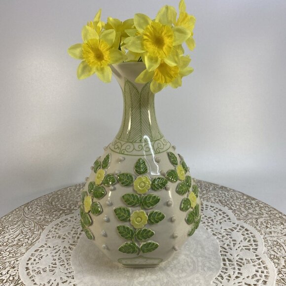 Anthropologie Vase Applied Flowers Blooms Yellow Green Leaf Vine Scroll Hexagon - Picture 4 of 9